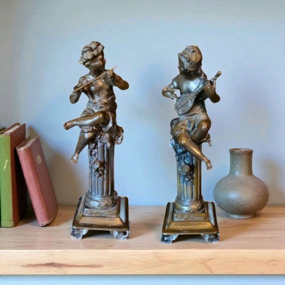 L. F. Moreau Sculptures 13 Inch French Statues With Musical Instruments